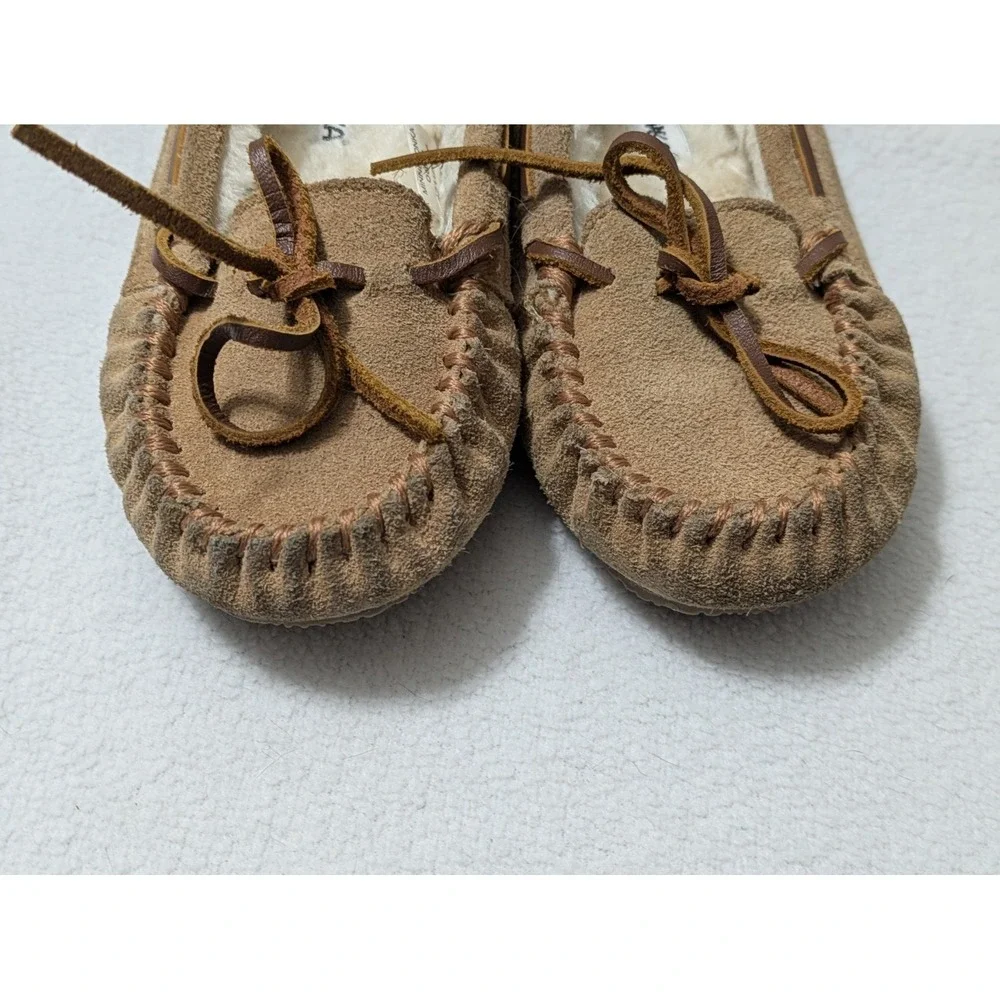 Minnetonka Moccasins Girls Suede Slippers Faux Fur Lined Kids Shoes Sz 12‎ Youth